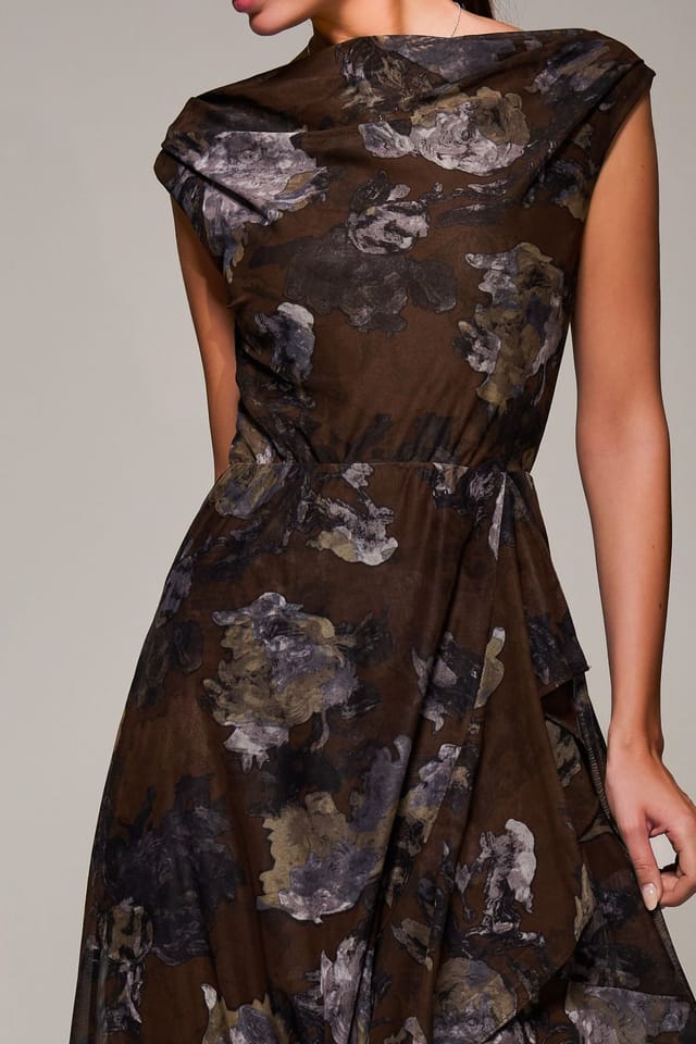 Jolie Moi Jolie Moi Women's Asymmetrical Draped Mesh Midaxi Dress in Brown - 3