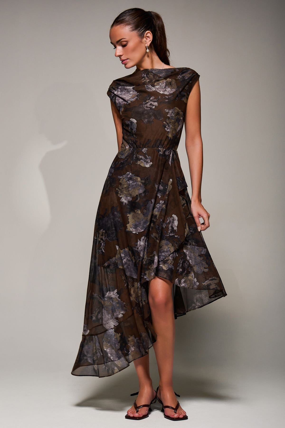 Jolie Moi Jolie Moi Women's Asymmetrical Draped Mesh Midaxi Dress in Brown - 4