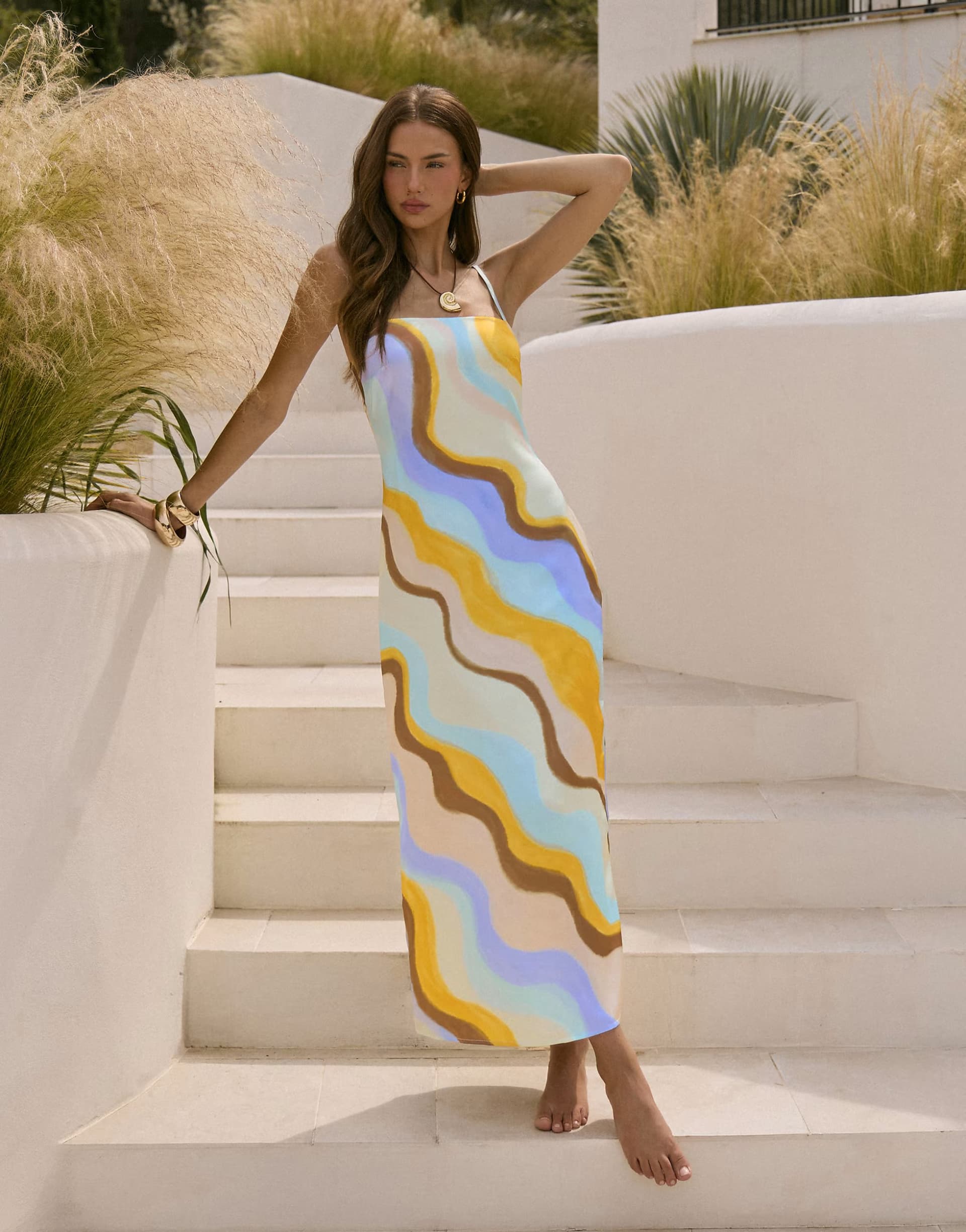 ASOS 4th & Reckless satin square neck cami maxi dress in multi print