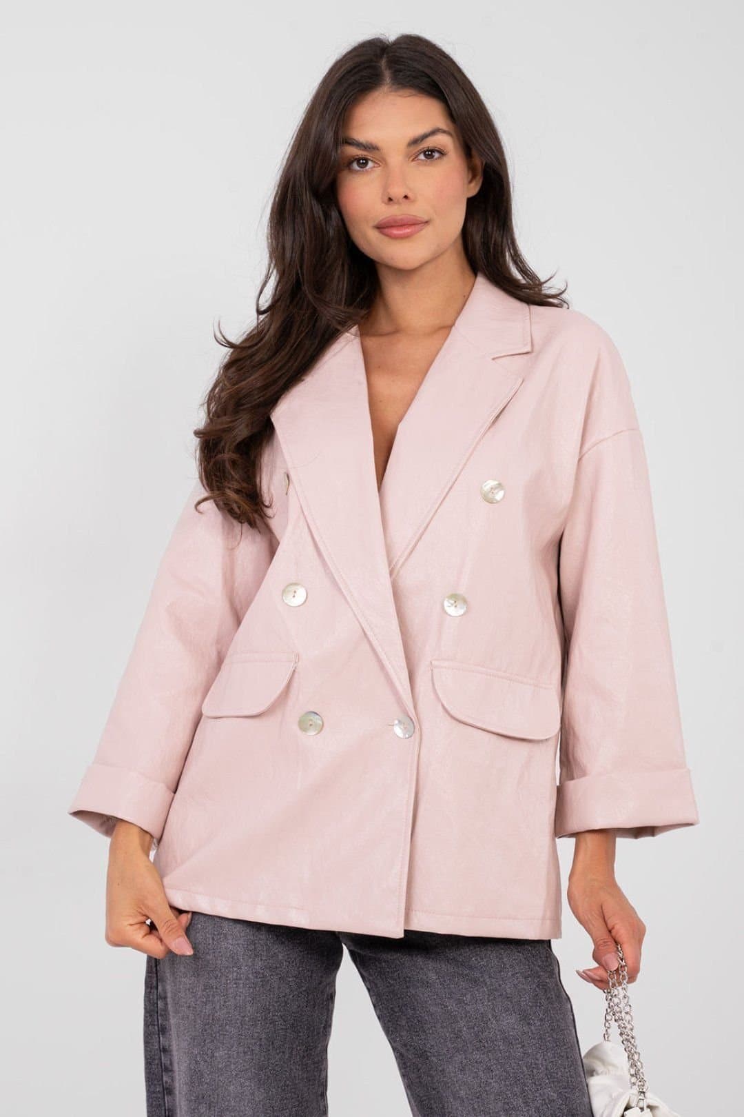 Love Lace Love Lace Women's Stylish Double Breasted Faux Leather Blazer in Pink