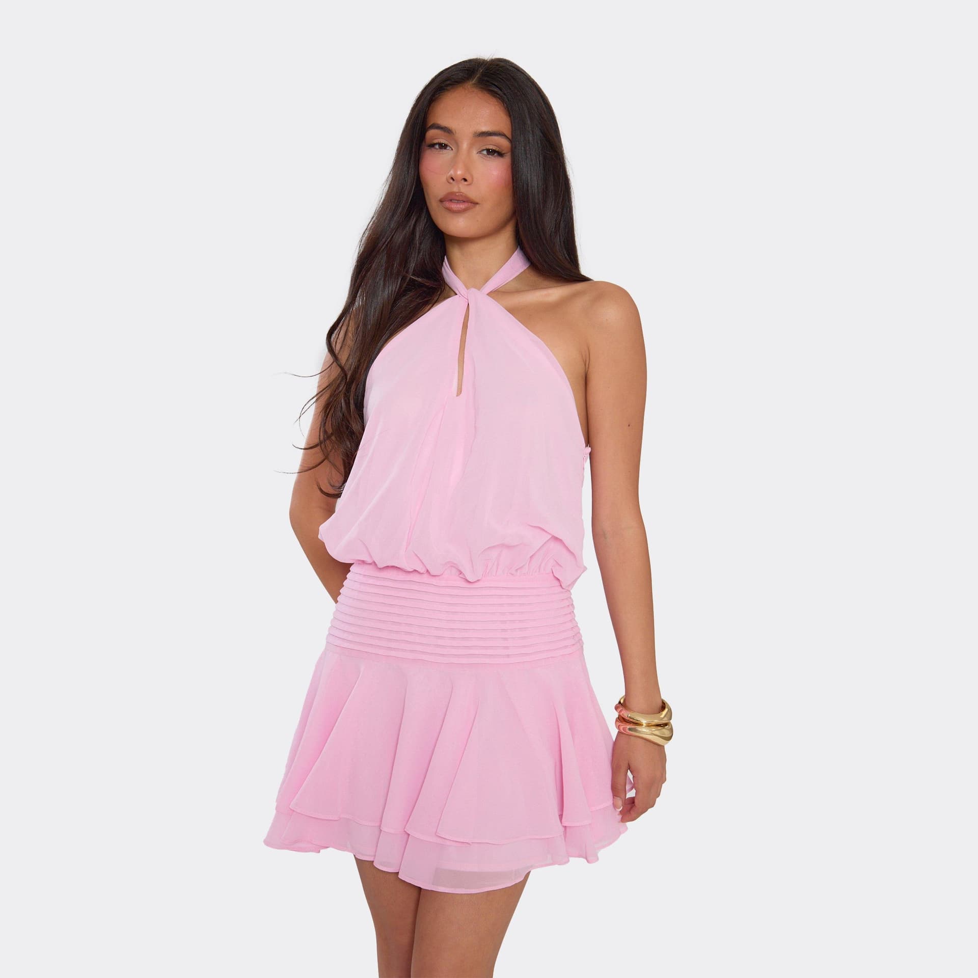 EGO Halterneck Keyhole Cut Out Layered Frill Hem Mini Dress In Pink, Women's Size UK 6