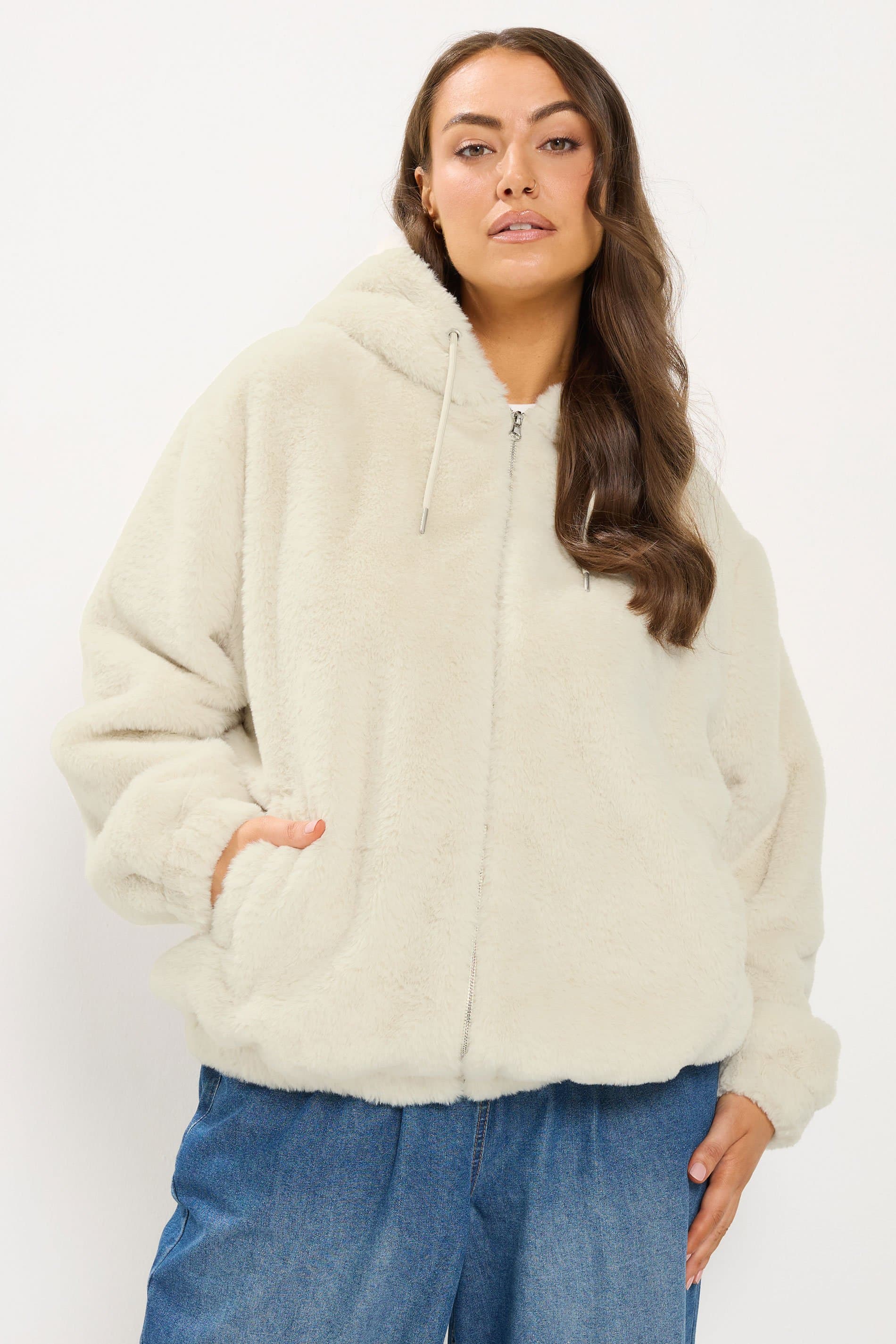Yours Plus Size Ivory White Faux Fur Zip Through Jacket