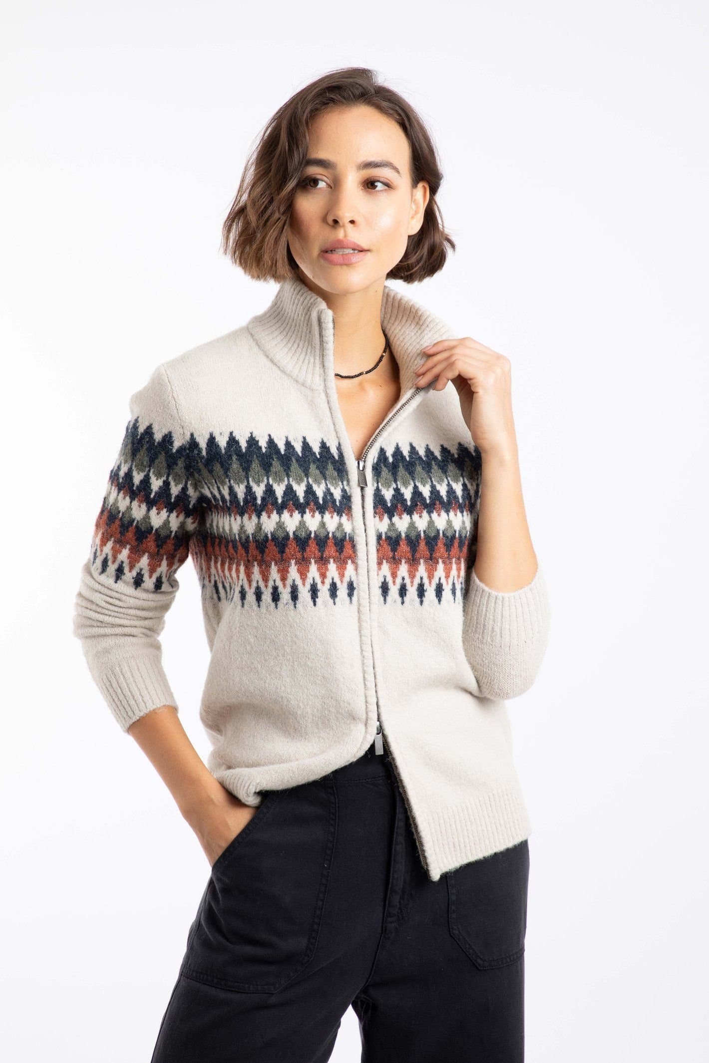Weird Fish Weird Fish Women's Lenka Fair Isle Sparkle Full Zip Knit Cardigan in Ivory