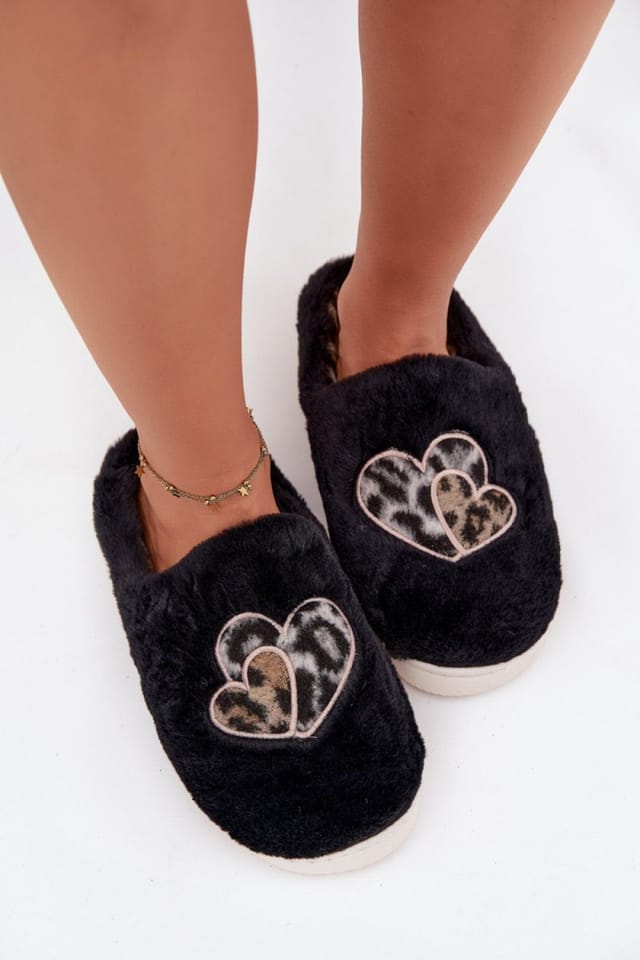 Love Lace Love Lace Women's Cozy Furry Heart Decor Step In Slippers with Soft Insole in Black - 3