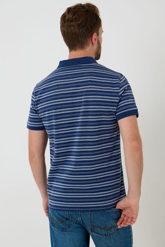 Saltwell Saltwell Men's Jacquard Stripe Short Sleeve Polo Shirt in Navy - 2