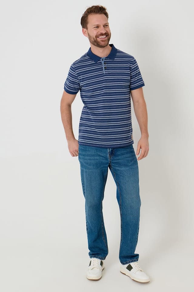 Saltwell Saltwell Men's Jacquard Stripe Short Sleeve Polo Shirt in Navy - 3