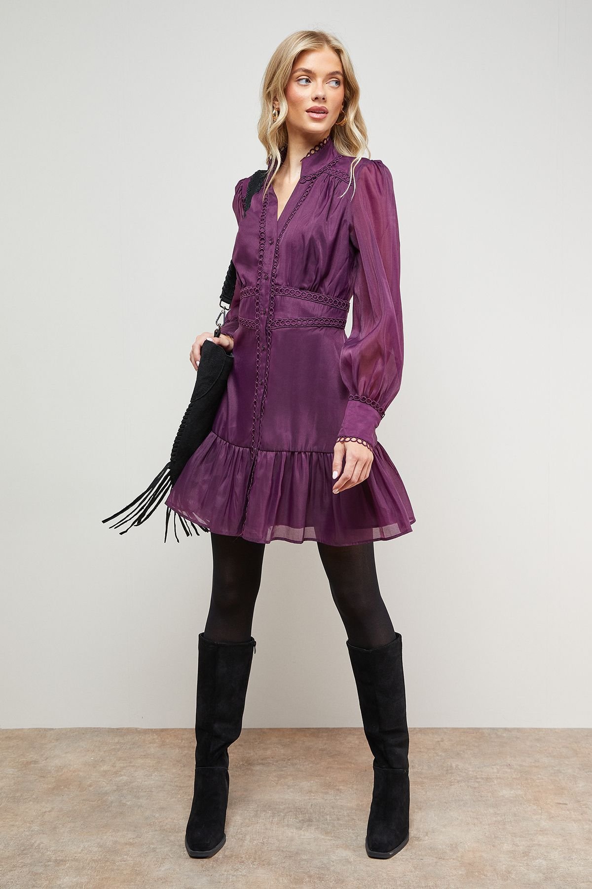 Oasis Oasis Women's Organza Lace Trim Shirt Mini Dress in Plum - 2