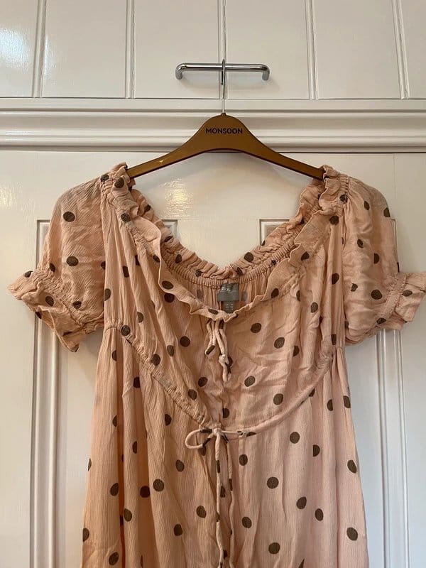 ASOS Pink Polka Dot Midi Dress with Puff Sleeves