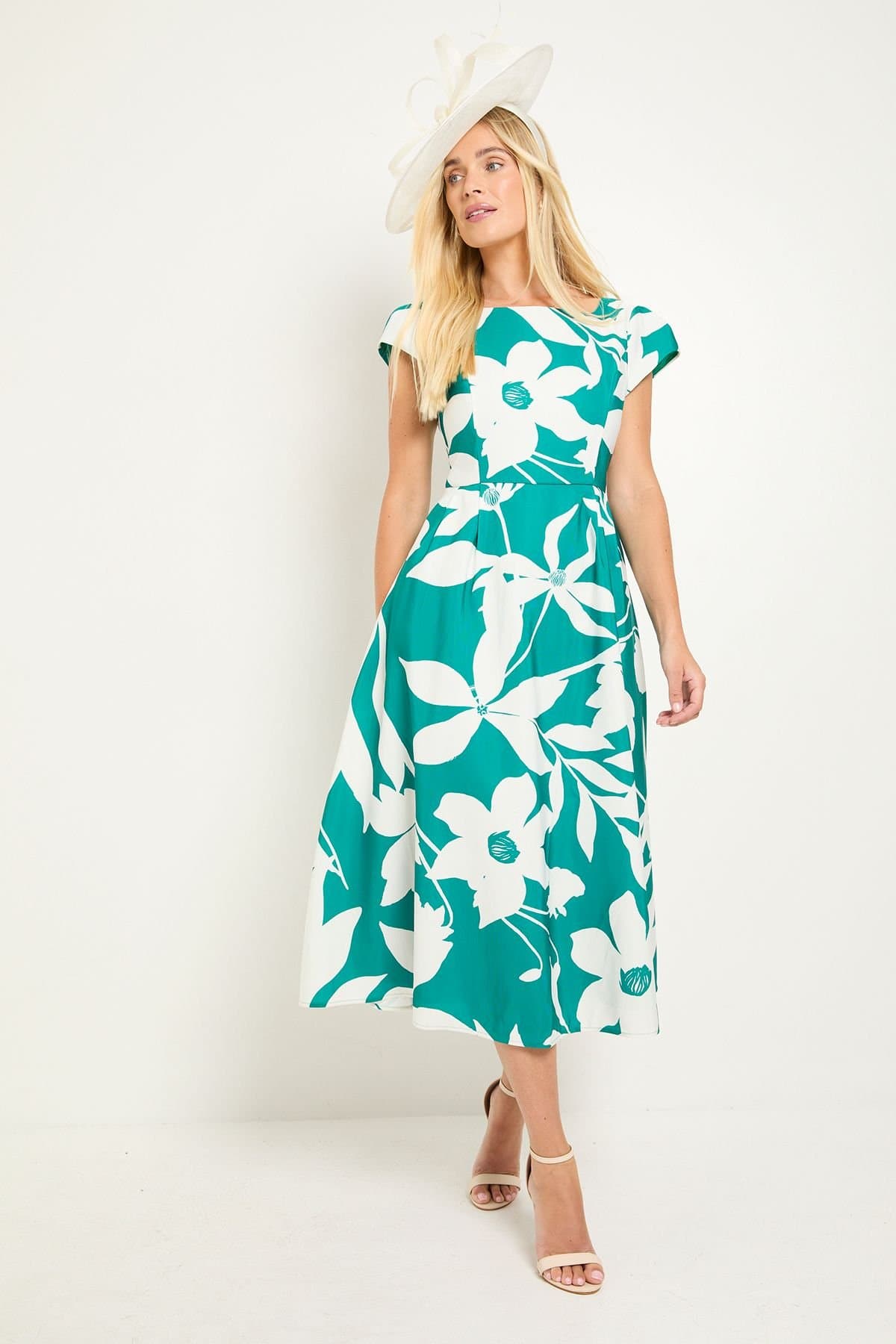 Wallis Wallis Women's Petite Floral Ottoman Fit & Flare Midi Dress in Emerald