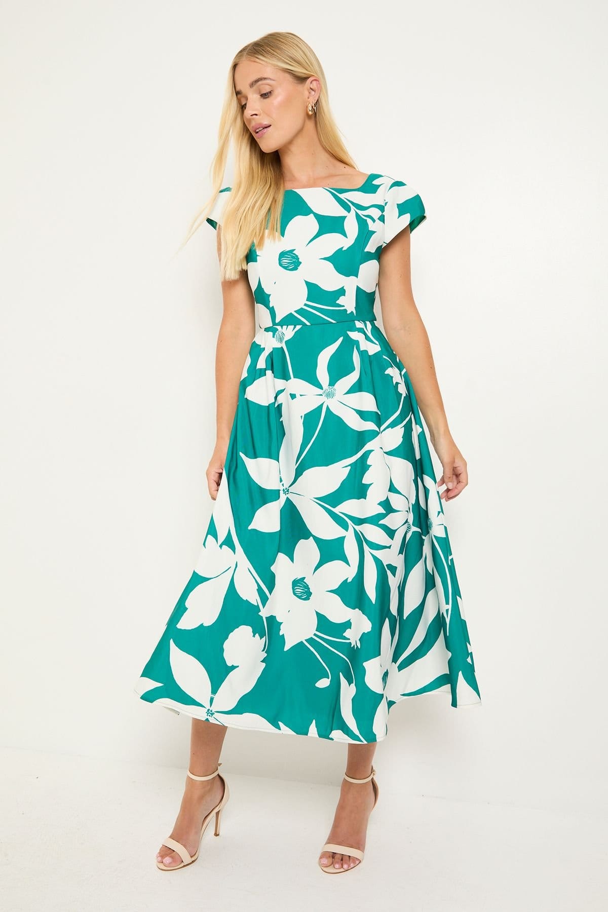 Wallis Wallis Women's Petite Floral Ottoman Fit & Flare Midi Dress in Emerald - 4