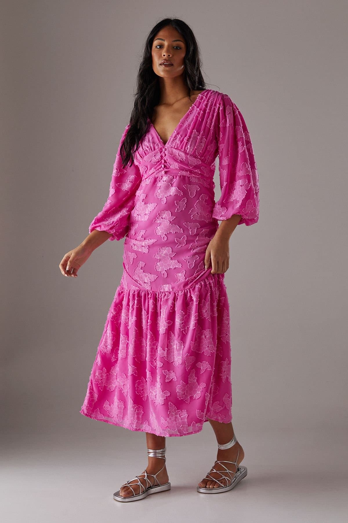 Warehouse Warehouse Women's Burnout Chiffon Plunge Neck Ruched Bodice Peplum Midi Dress in Pink