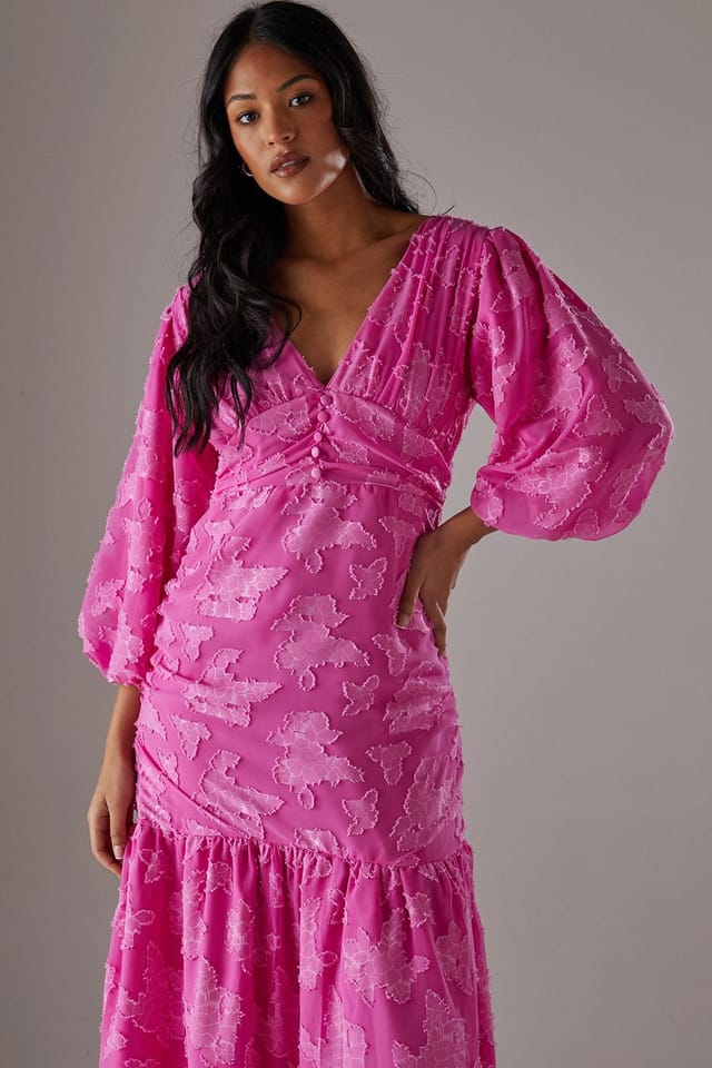 Warehouse Warehouse Women's Burnout Chiffon Plunge Neck Ruched Bodice Peplum Midi Dress in Pink - 2