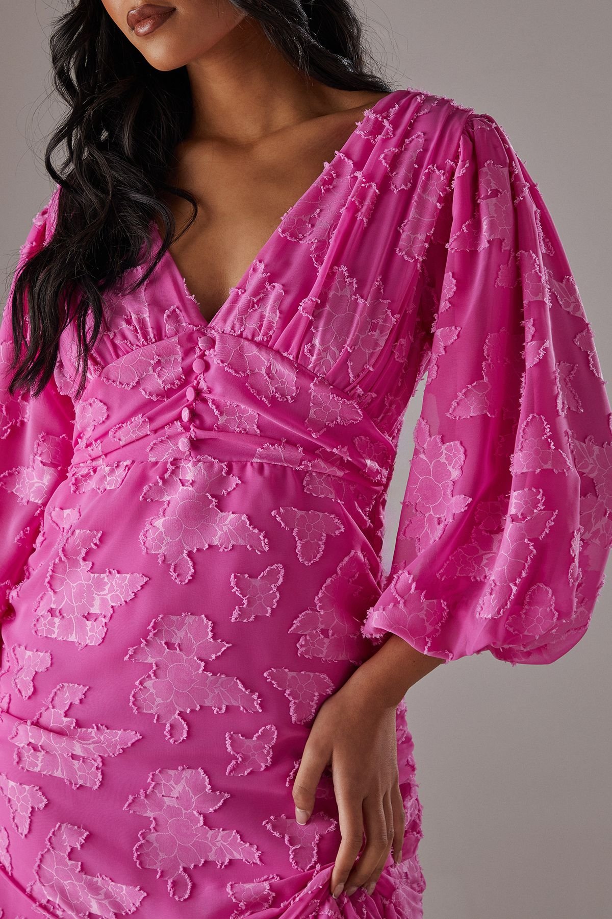 Warehouse Warehouse Women's Burnout Chiffon Plunge Neck Ruched Bodice Peplum Midi Dress in Pink - 3