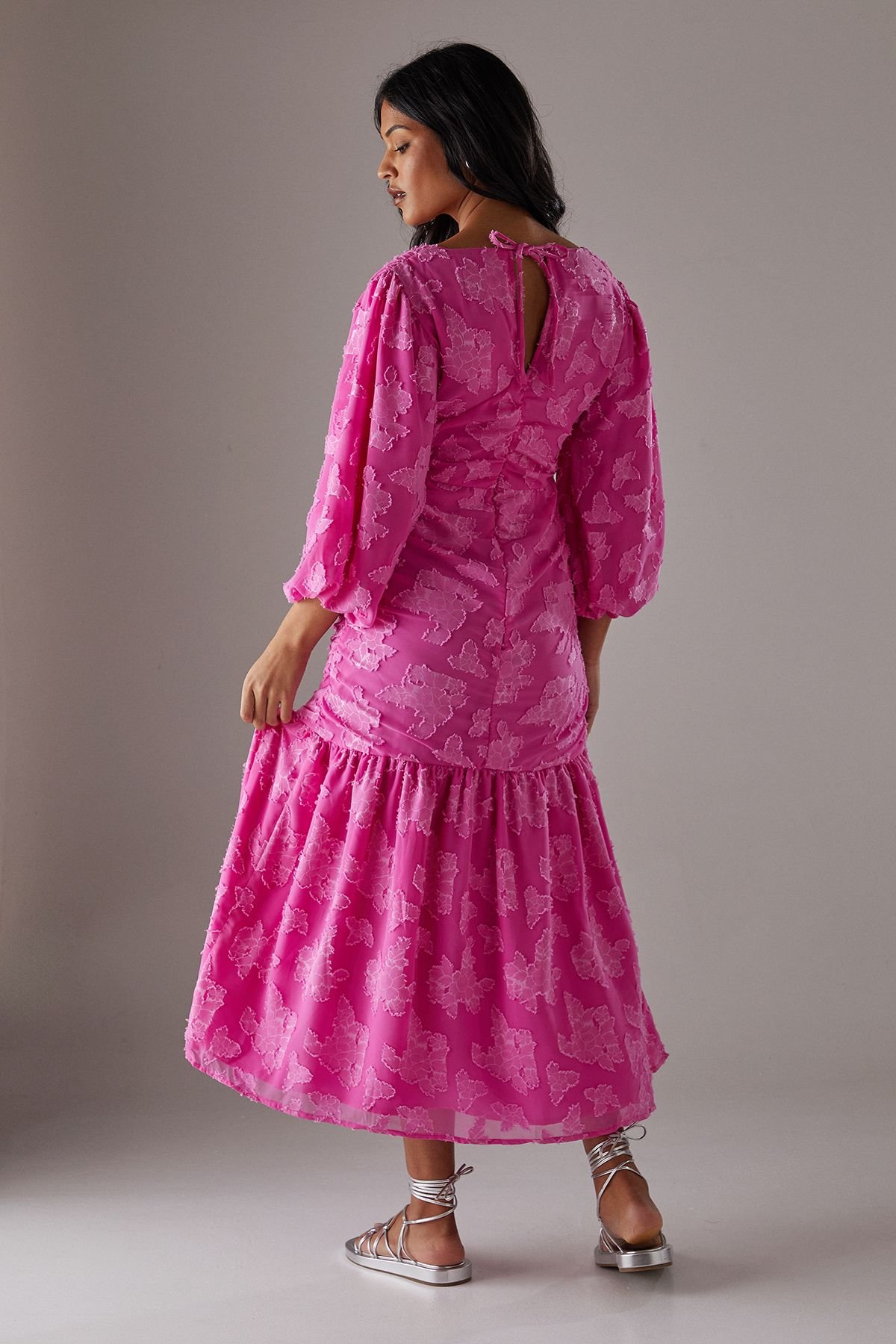 Warehouse Warehouse Women's Burnout Chiffon Plunge Neck Ruched Bodice Peplum Midi Dress in Pink - 4