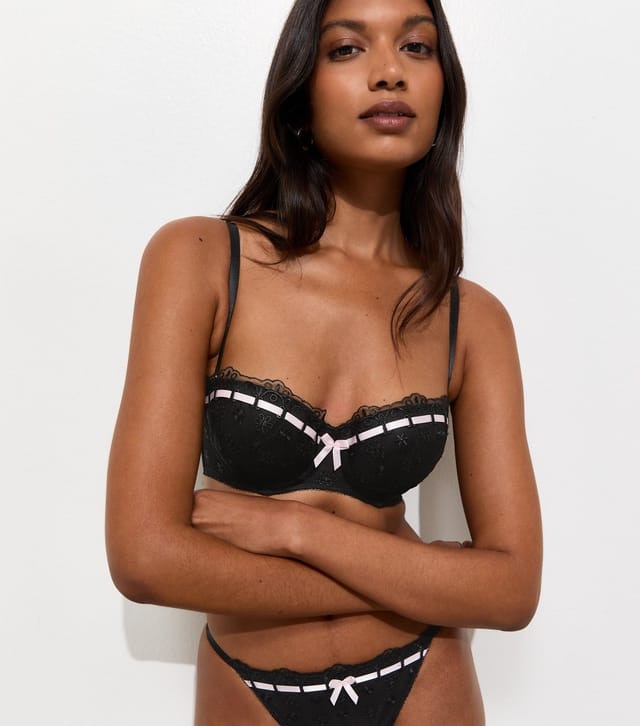 New Look Women's Black Ribbon Slot Embroidered Balcony Bra New Look - 2