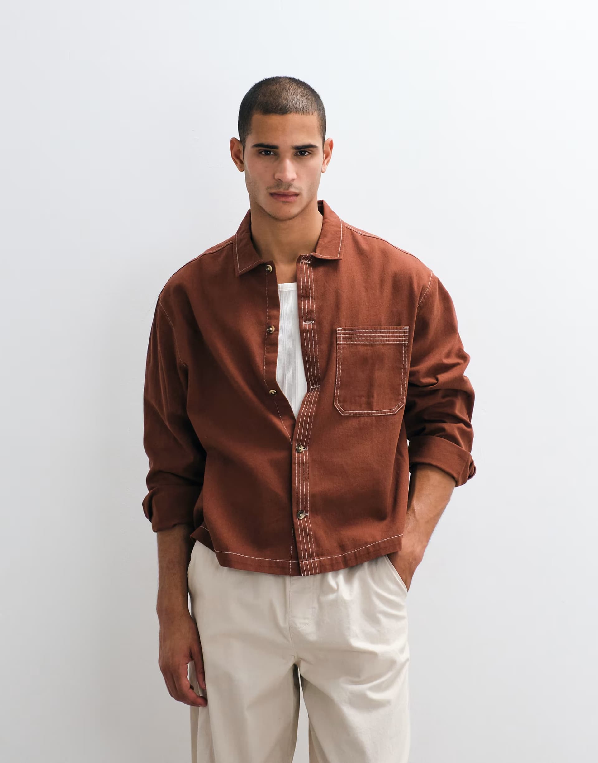 ASOS ASOS DESIGN boxy oversized cotton twill shirt with contrast stitch in rust
