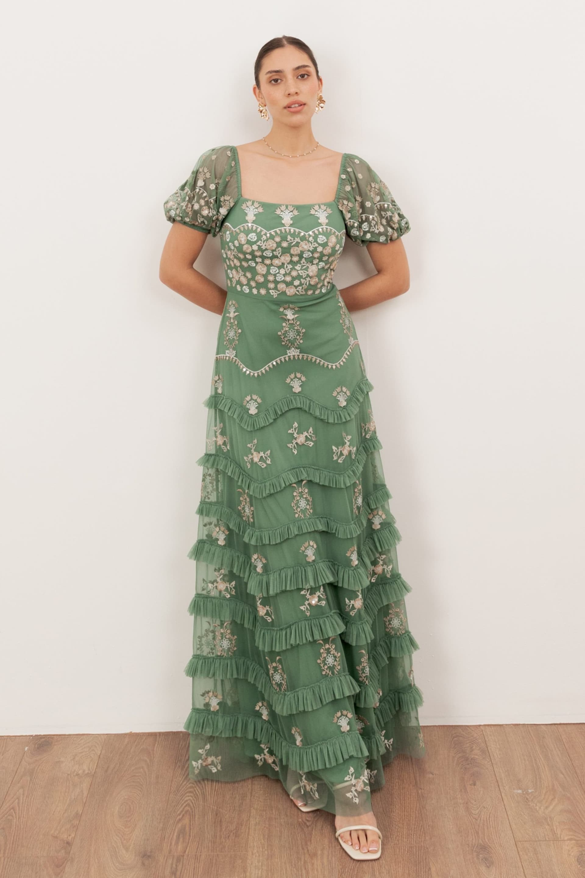 Maya Deluxe Maya Deluxe Women's Embroidered Square Neck Puff Sleeve Maxi Dress in Green