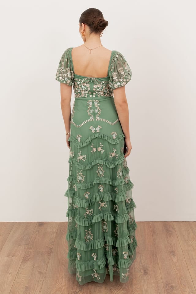Maya Deluxe Maya Deluxe Women's Embroidered Square Neck Puff Sleeve Maxi Dress in Green - 2