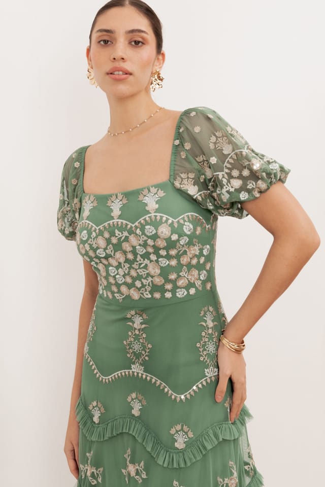 Maya Deluxe Maya Deluxe Women's Embroidered Square Neck Puff Sleeve Maxi Dress in Green - 3