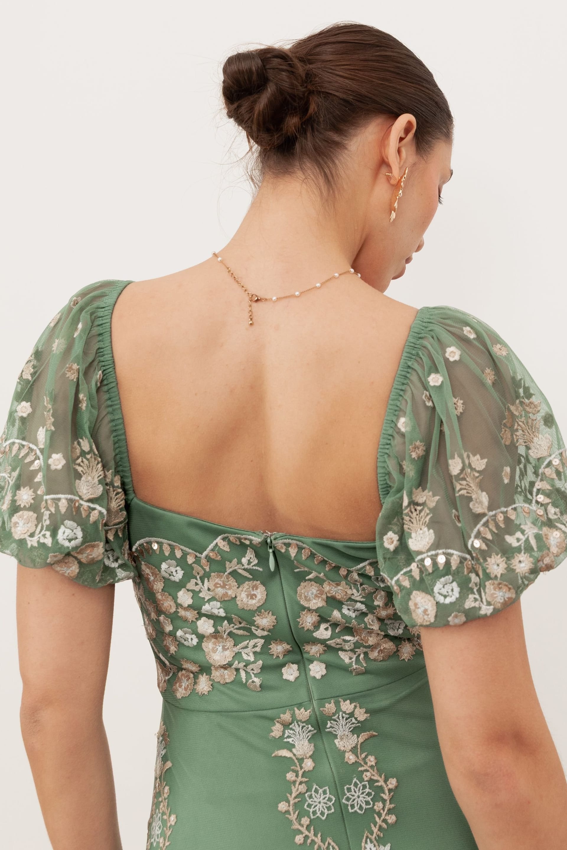 Maya Deluxe Maya Deluxe Women's Embroidered Square Neck Puff Sleeve Maxi Dress in Green - 4