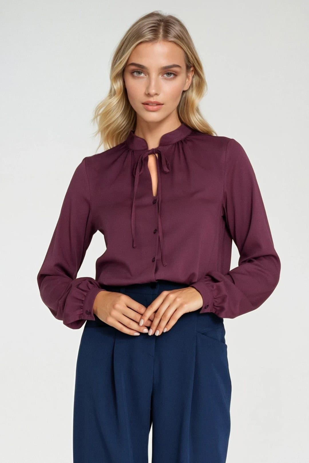 Love Lace Love Lace Women's Viscose Tie Neck Long Sleeve Blouse in Violet