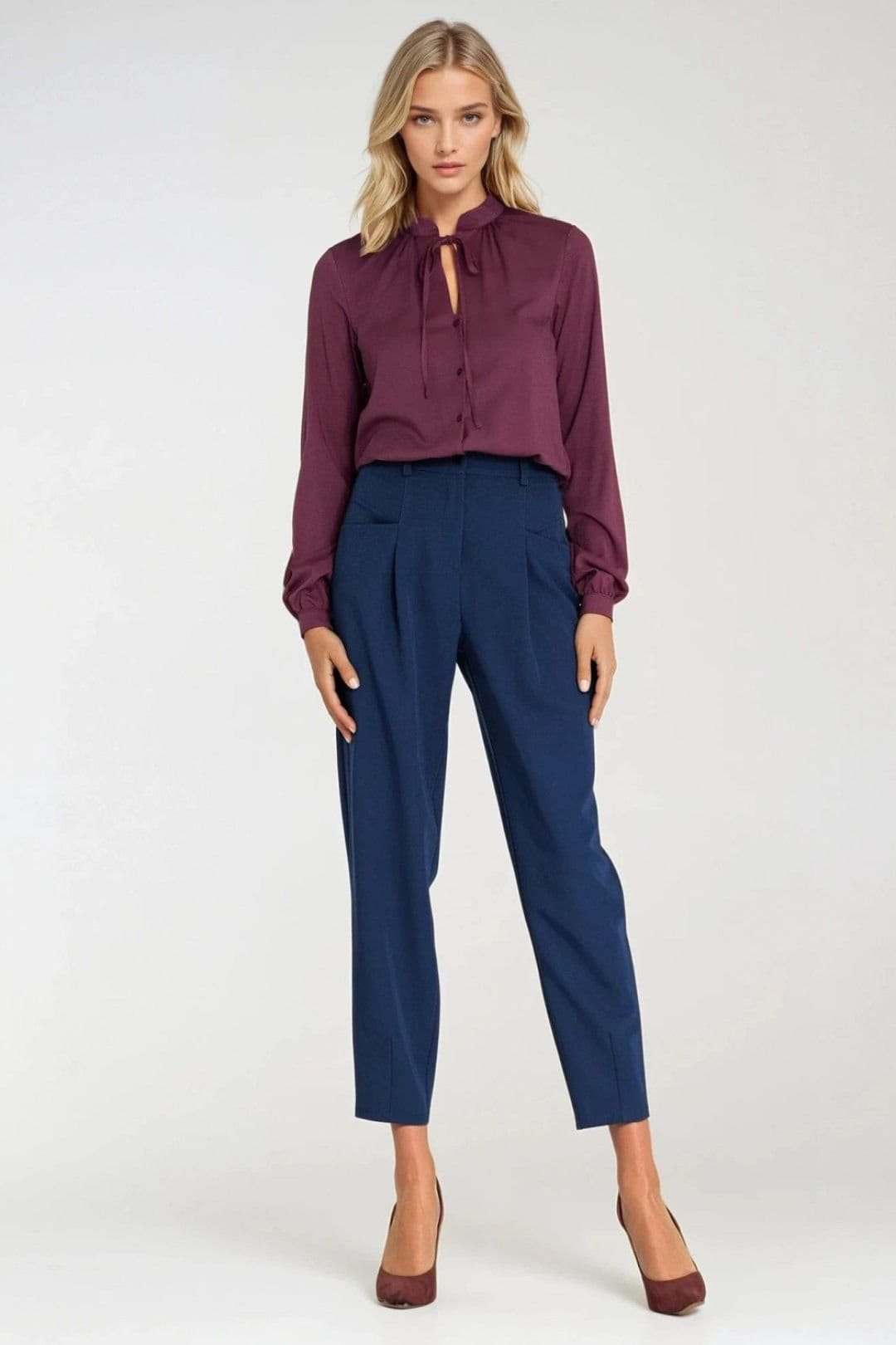 Love Lace Love Lace Women's Viscose Tie Neck Long Sleeve Blouse in Violet - 4