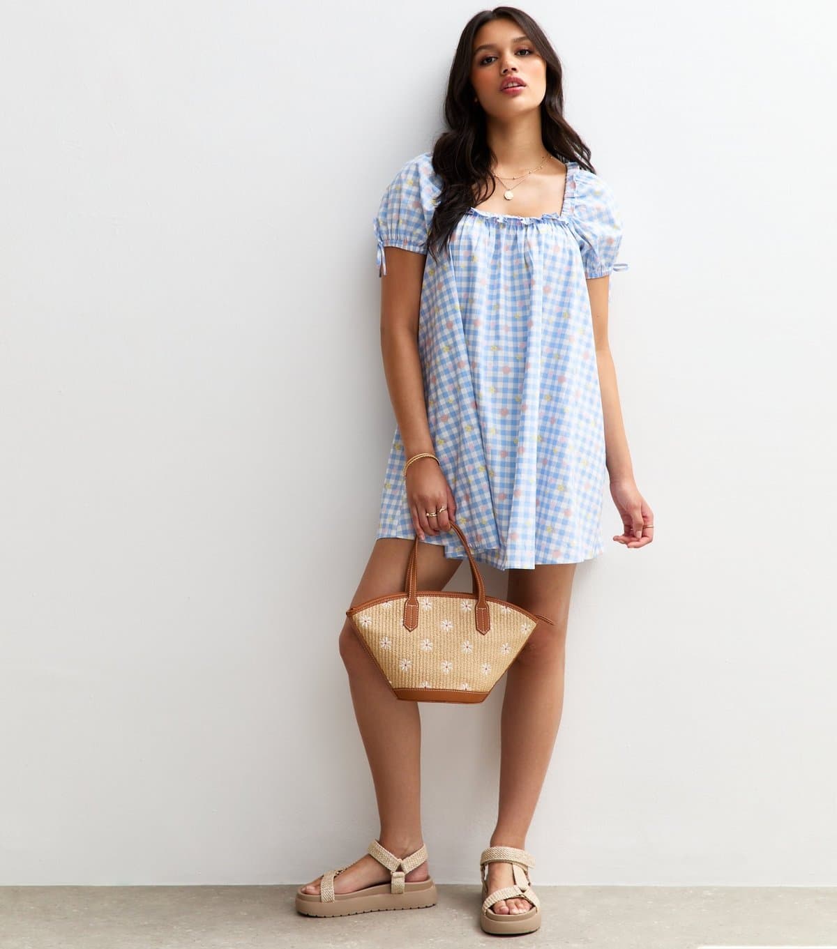 New Look Women's Blue Gingham Puff Sleeve Mini Dress New Look