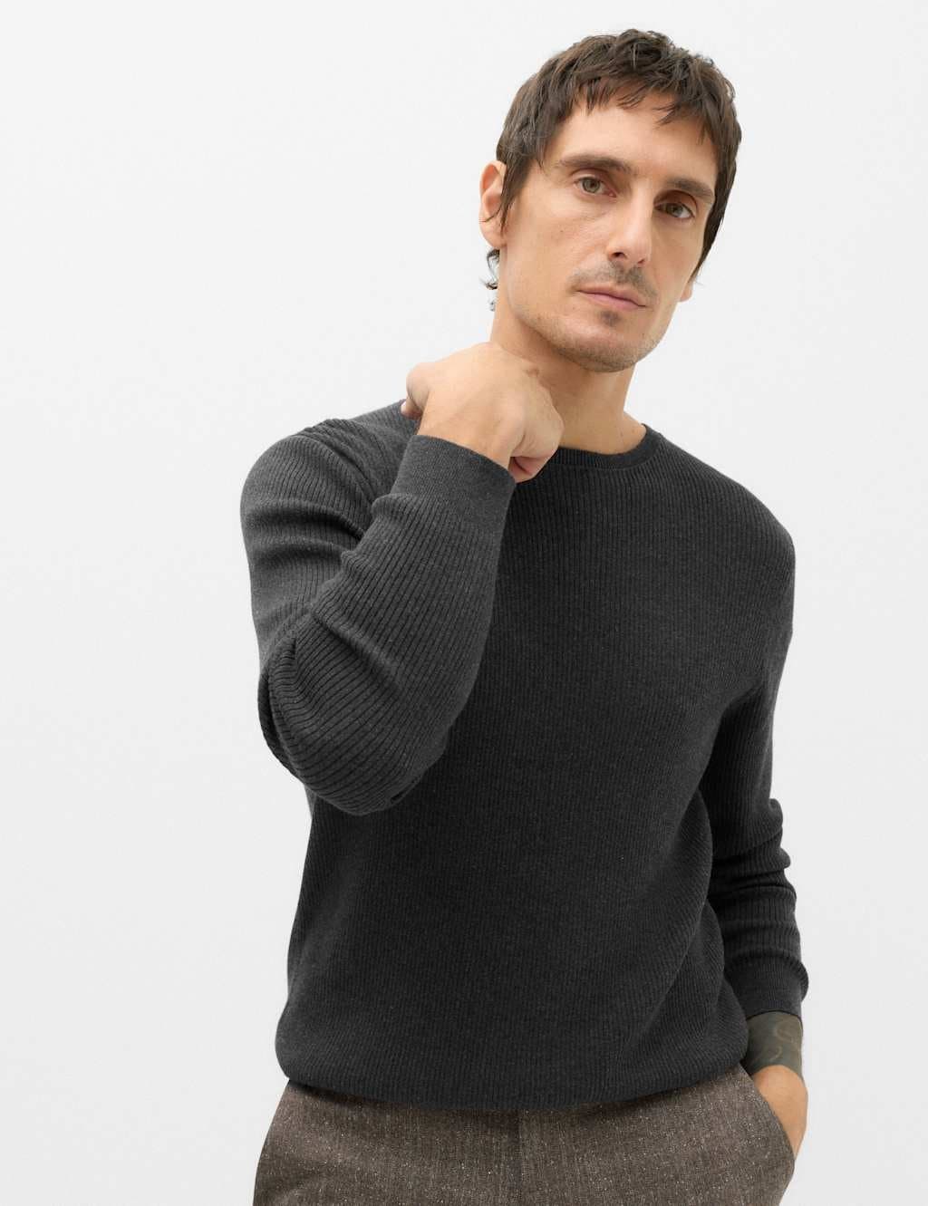 Marks & Spencer M&S Cotton Blend Crew Neck Smart Jumper Charcoal Mix