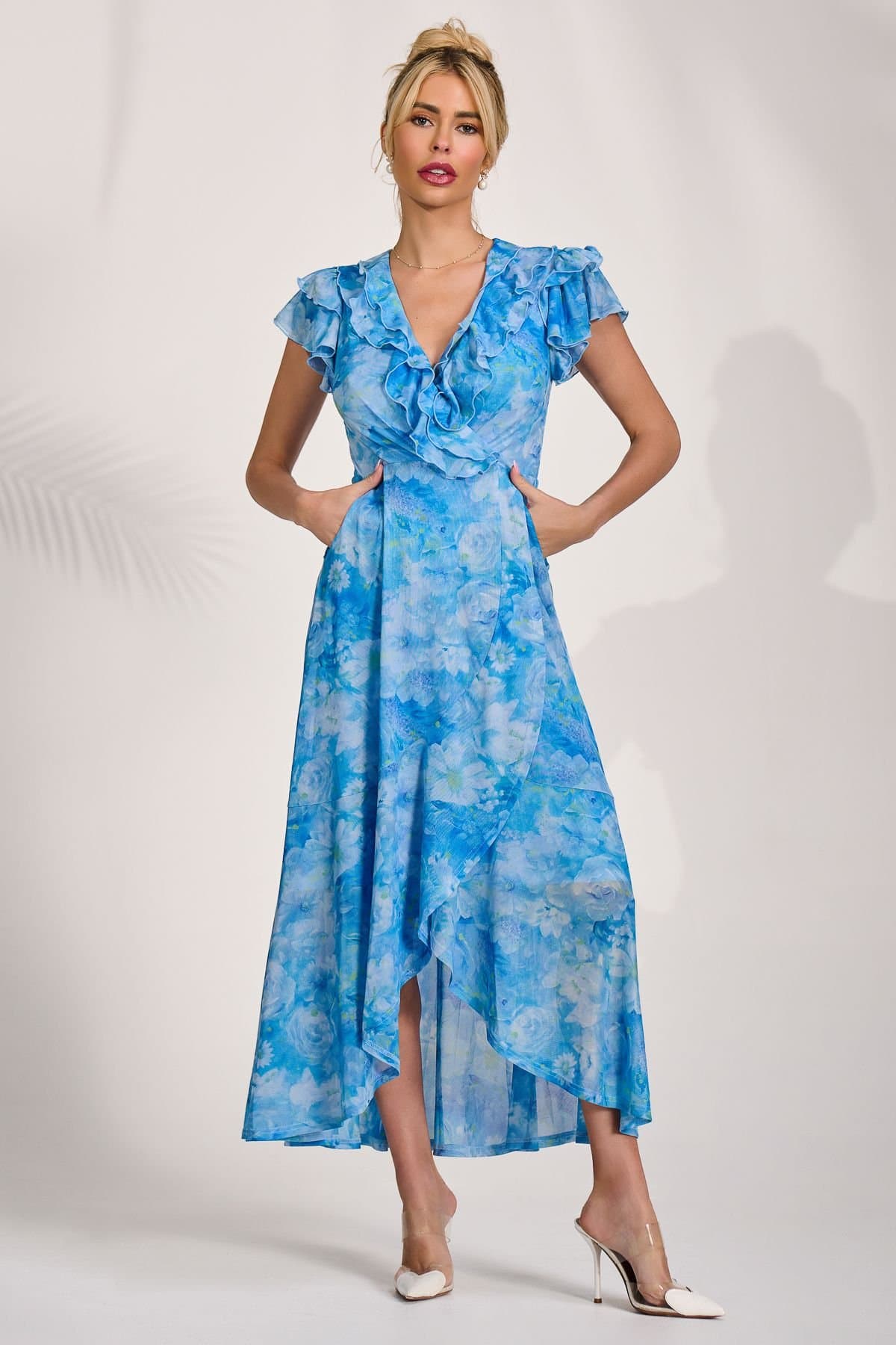 Jolie Moi Jolie Moi Women's Ruffled Mesh Maxi Dress in Blue