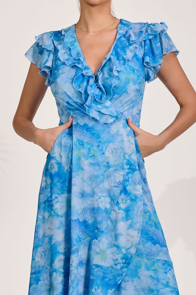 Jolie Moi Jolie Moi Women's Ruffled Mesh Maxi Dress in Blue - 3