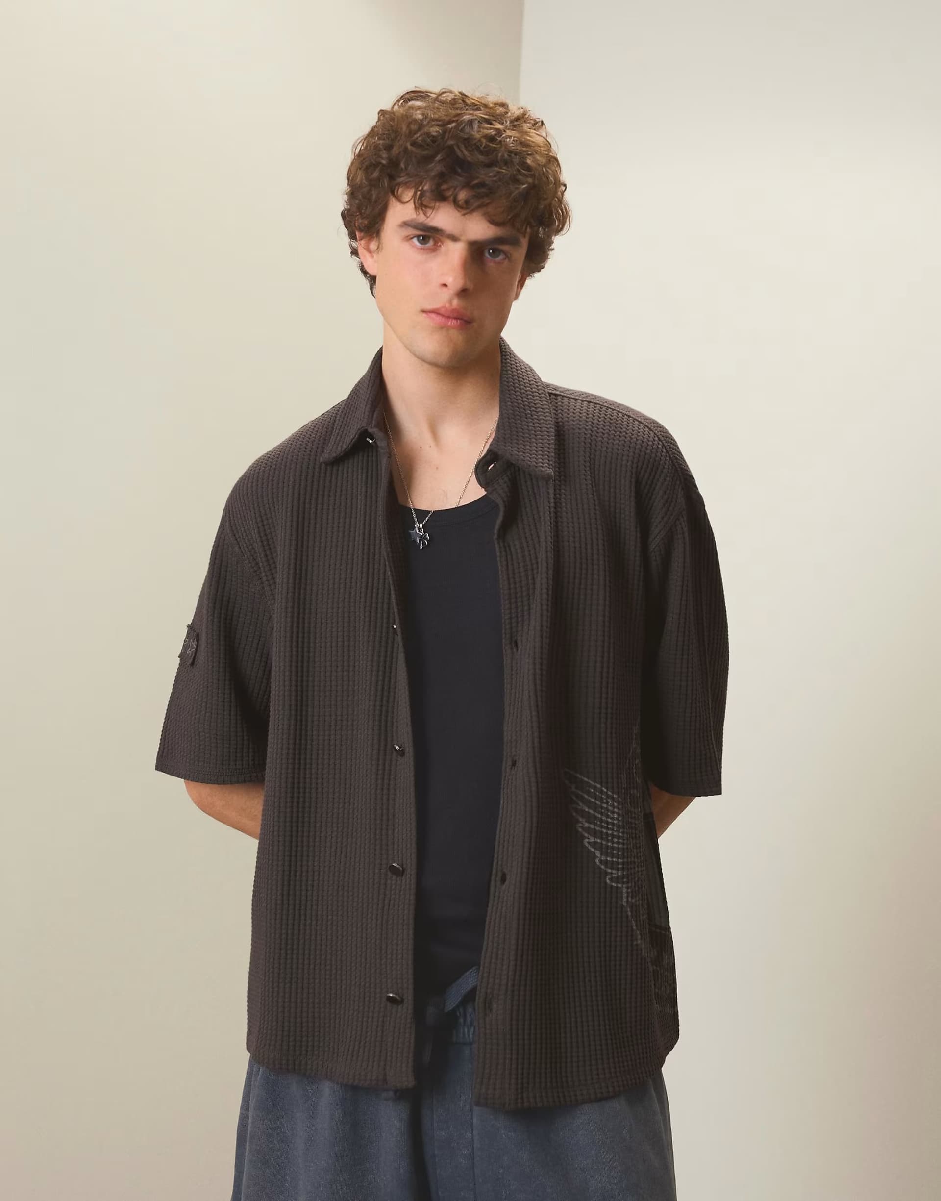 ASOS Bershka Relaxed fit waffle shirt in grey&black