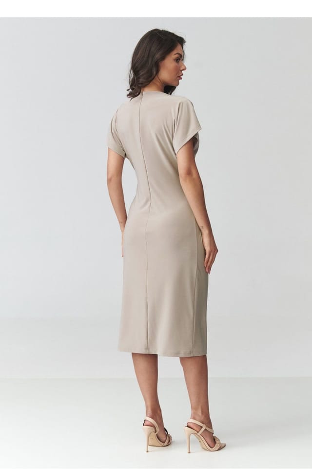 Love Lace Love Lace Women's Elegant V Neck Midi Dress With Gathered Waist in Beige - 3