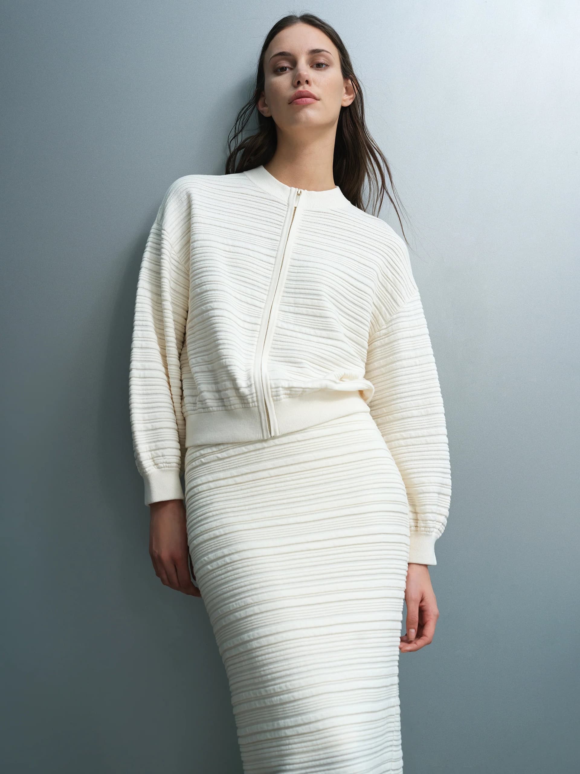 French Connection Mayim Ribbed Knit Zip Cream Cardigan Porcelain Cream