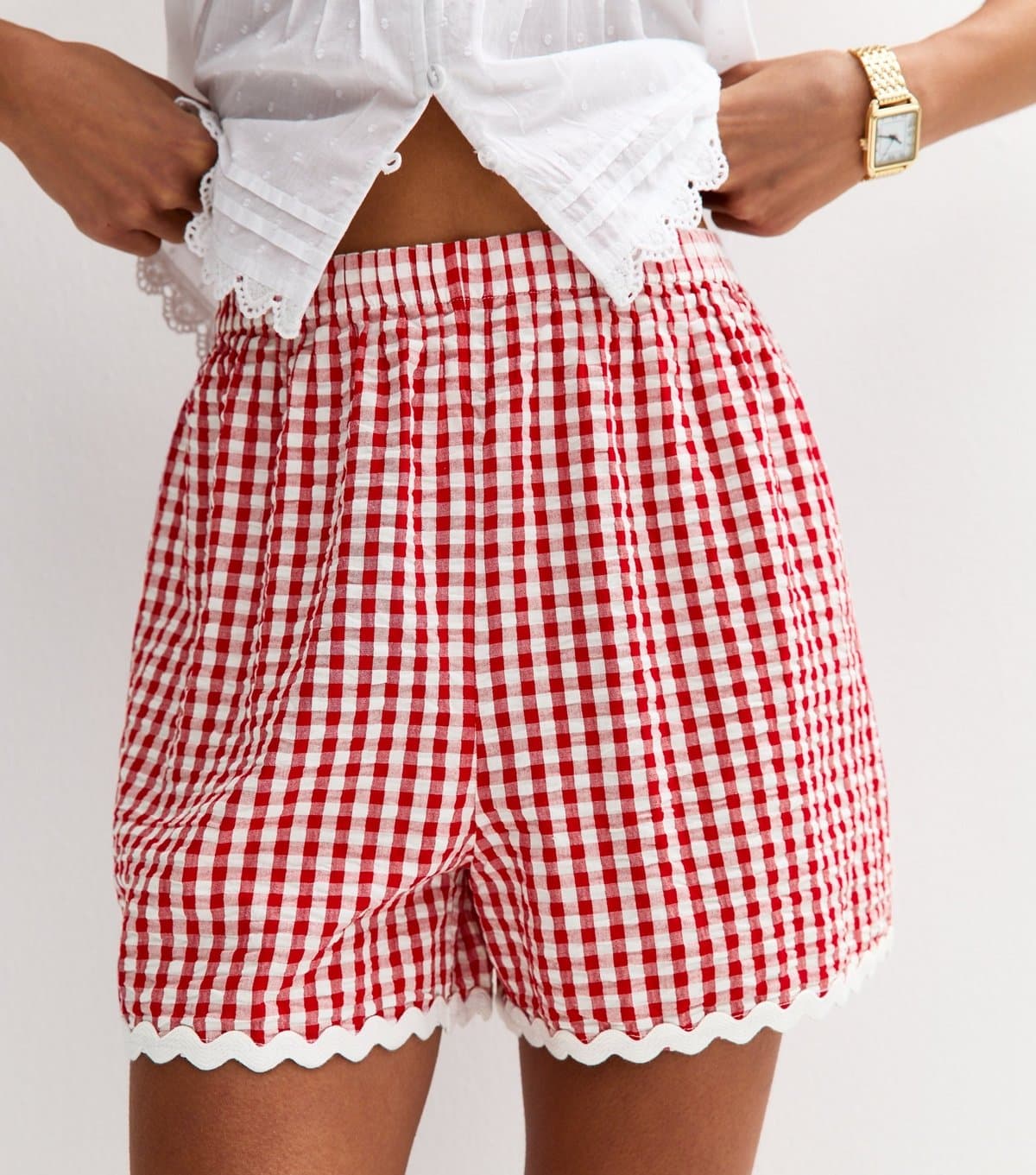 New Look Women's Red Gingham Scalloped Edge Shorts New Look