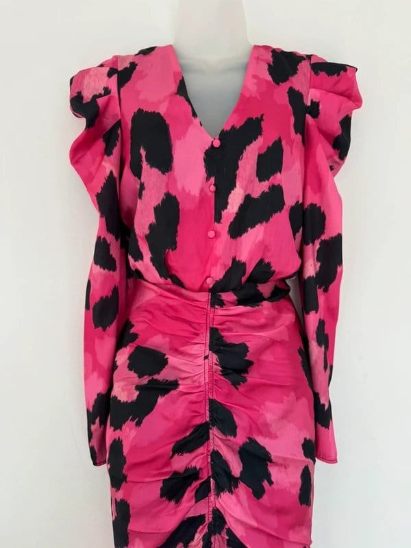 River Island * NEW * With Tags Pink River Island Satin Animal Print Ruched Dress -UK- 8 RRP £50 - 1