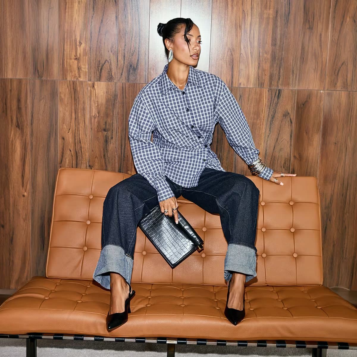 EGO Long Sleeve Asymmetric Button Cinched Waist Collared Shirt In Navy Check Print, Women's Size UK 6