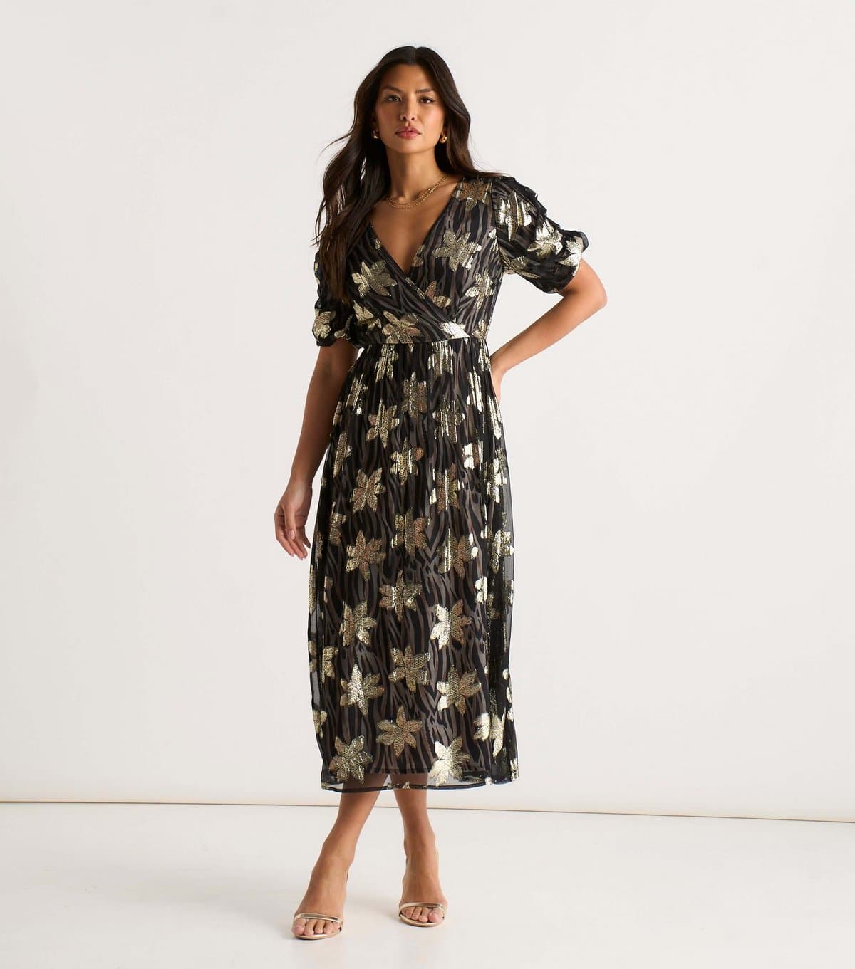 Gini London Women's Black Metallic Flower Wrap Midi Dress Gini London New Look