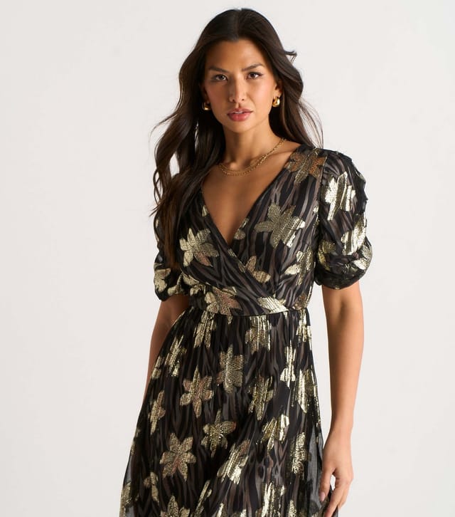 Gini London Women's Black Metallic Flower Wrap Midi Dress Gini London New Look - 2