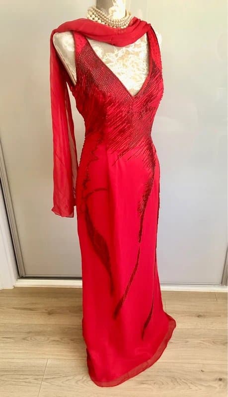 Official Stunning Vintage Embellished Red Maxi Gown +Matching Scarf
