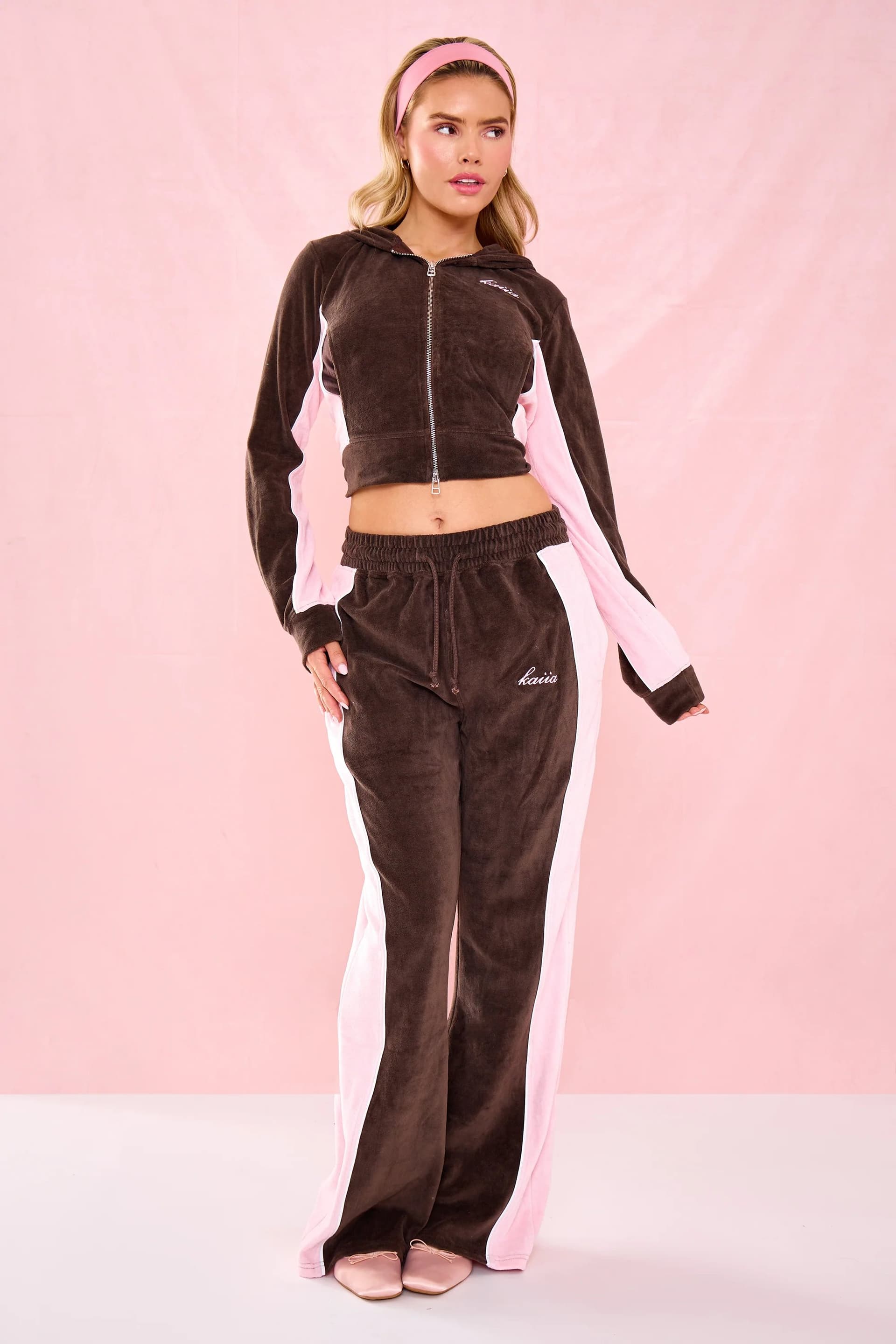 Kaiia Kaiia Mid Rise Straight Leg Velour Trousers Bitter Chocolate & Pink