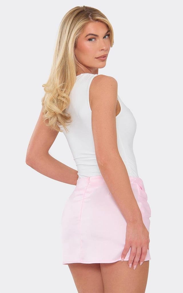EGO Mid Rise Ruched Draped Front Mini Skirt In Baby Pink Satin, Women's Size UK 6 - 2