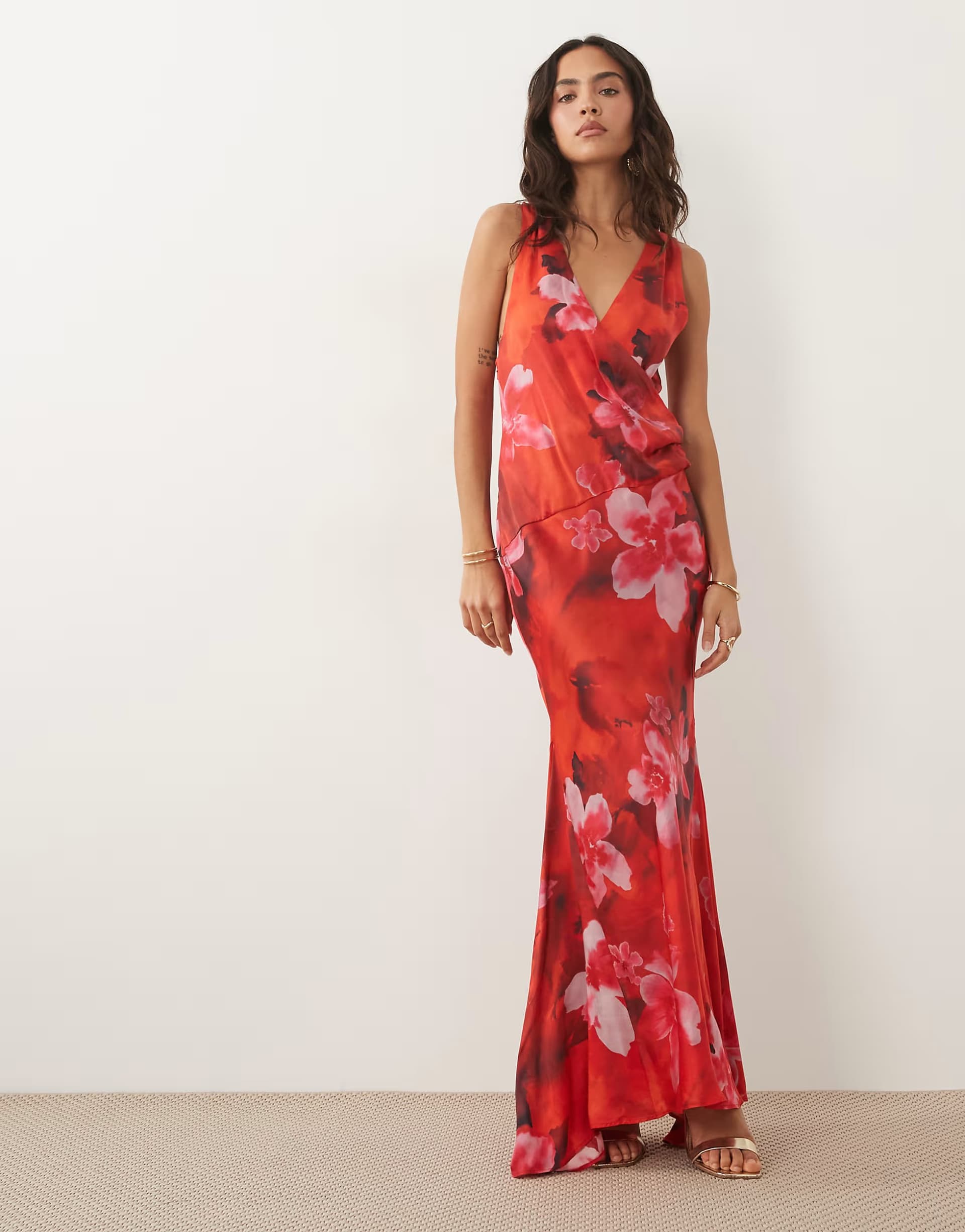 ASOS ASOS DESIGN Premium plunge modal satin maxi dress in red floral