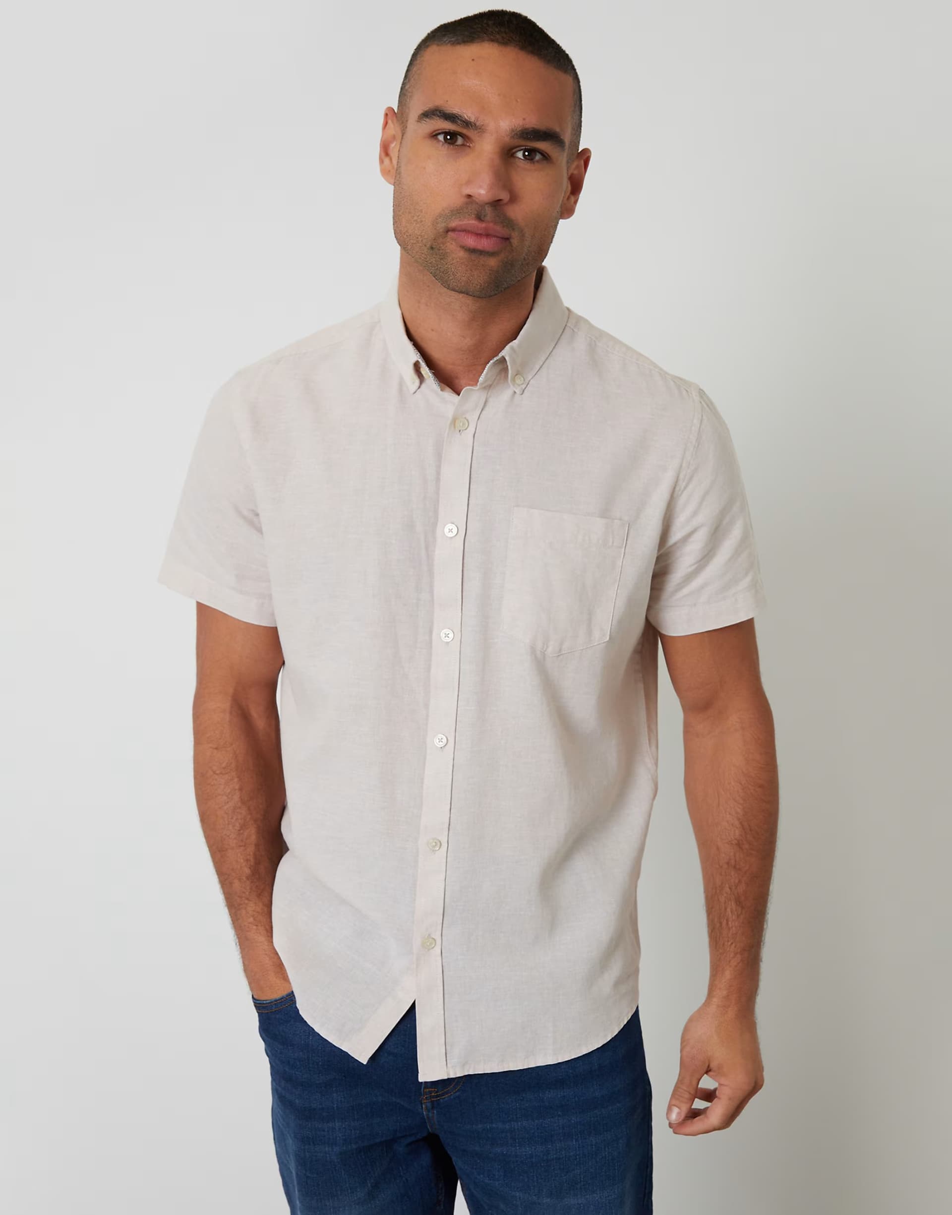 ASOS Threadbare Short sleeve linen blend shirt in light stone