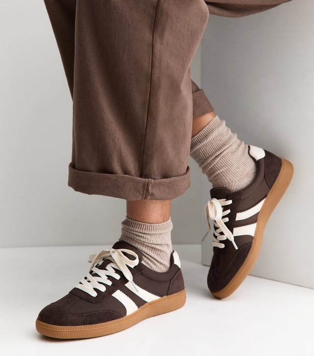 New Look Women's Dark Brown Faux Brushed Leather Side Stripe Trainers Vegan New Look - 2