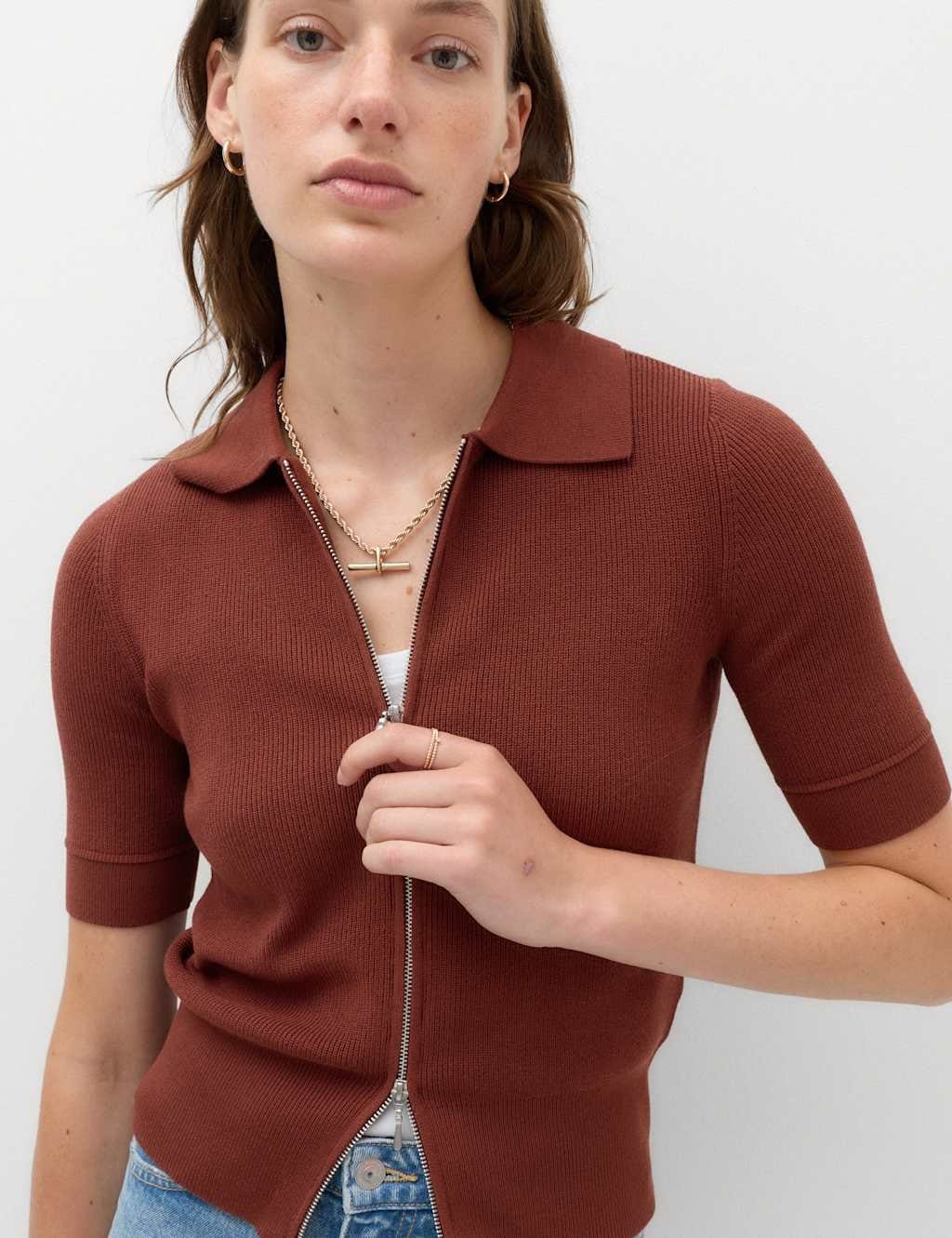 Marks & Spencer M&S Collared Zip Up Slim Fit Cardigan Chestnut - 1