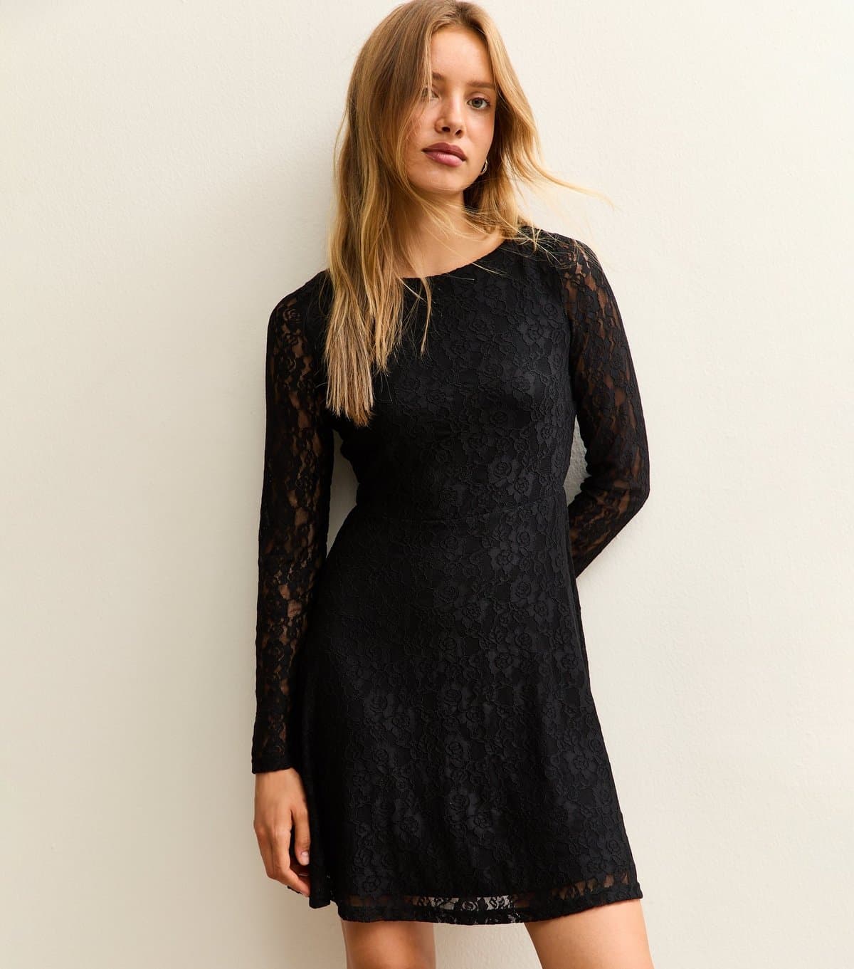 New Look Women's Black Lace Long Sleeved Skater Mini Dress New Look