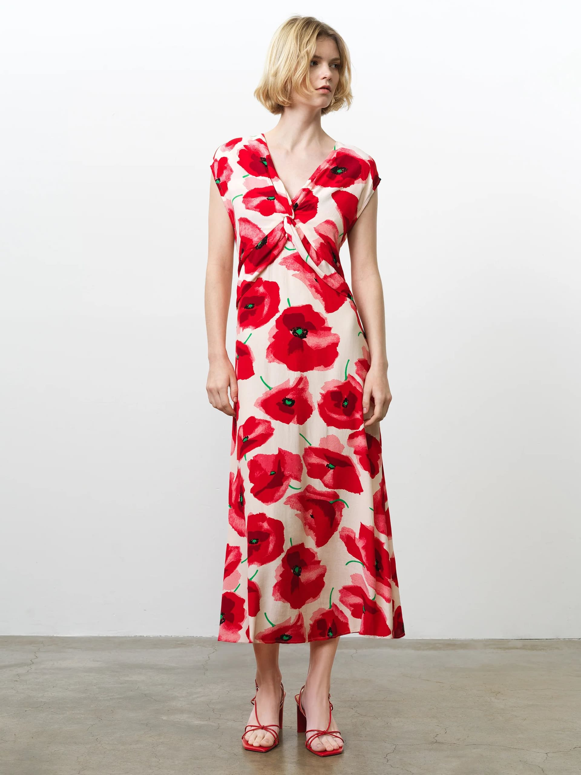 French Connection Poppy Eco Lizzie Front Twist Dress Red Multi