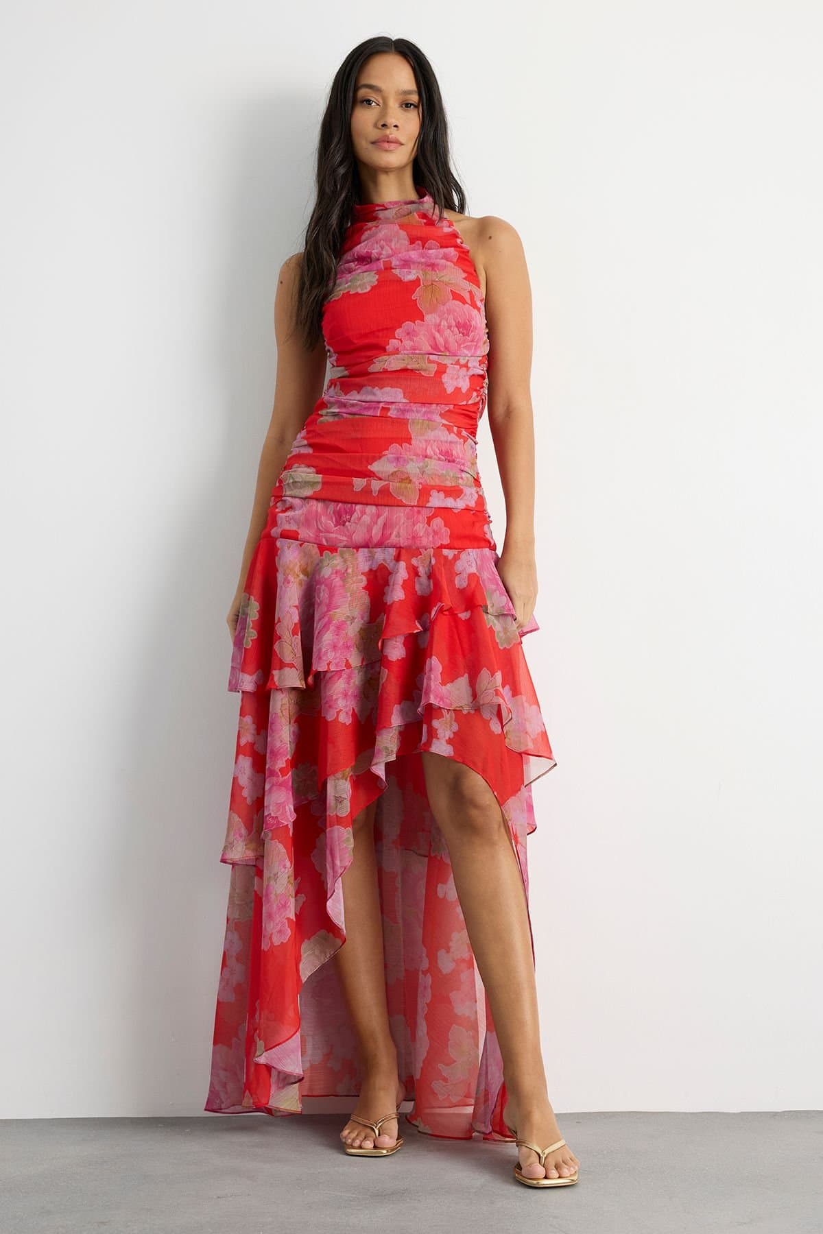 Warehouse Warehouse Women's Floral Print Halterneck Asymmetric Hem Ruffle Dress in Red