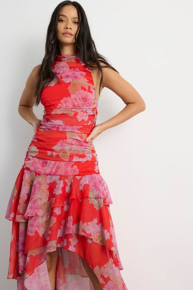 Warehouse Warehouse Women's Floral Print Halterneck Asymmetric Hem Ruffle Dress in Red - 2