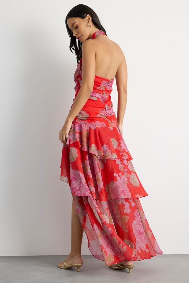 Warehouse Warehouse Women's Floral Print Halterneck Asymmetric Hem Ruffle Dress in Red - 3